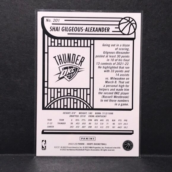 2022 SHAI GILGEOUS-ALEXANDER #201 PANINI NBA HOOPS THUNDER BASKETBALL CARD - Picture 2 of 2